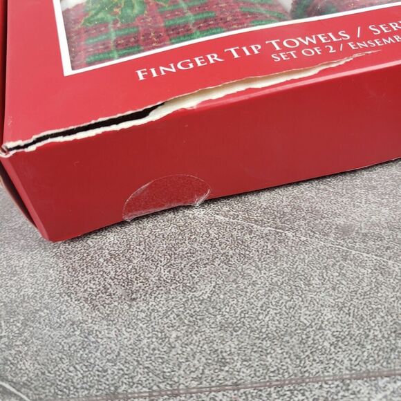 Lenox Christmas 2pc Finger Tip Towel Set Holly Leaves & Berries, Plaid Ribbon - Picture 6 of 6